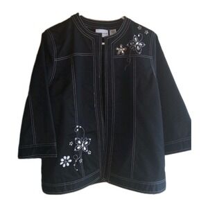 Alfred Dunner Jacket Sz 12 Black Open Front 3/4 Sleeve Bling Rhinestones